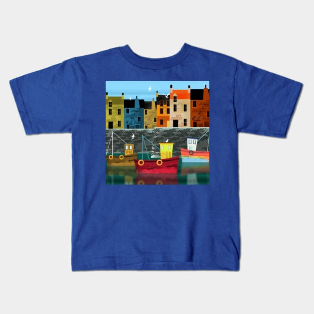 Coastal Town with Boats Kids T-Shirt by Scratch